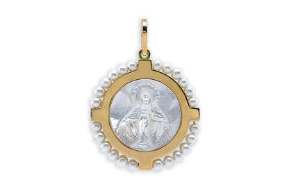 18k gold Miraculous Medal pendant with mother-of-pearl center and cultured pearl halo