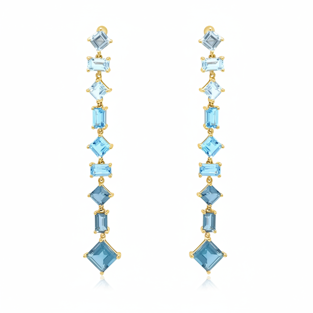 18k gold mixed cut blue topaz inline earrings by Diamond Tales