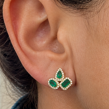 14k yellow gold earrings with mixed cut emeralds and diamonds