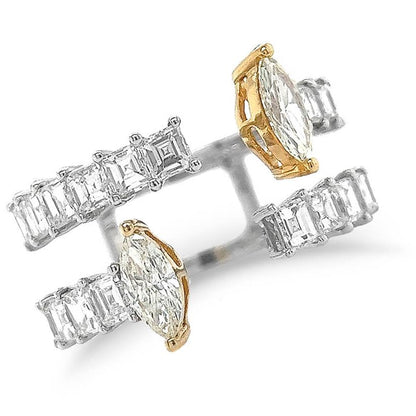 18k white gold open ring with marquise yellow gold ends and carré diamond band