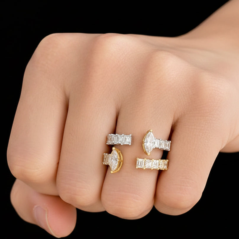 18k white gold open ring with marquise yellow gold ends and carré diamond band