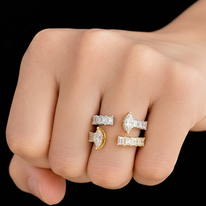 18k white gold open ring with marquise yellow gold ends and carré diamond band