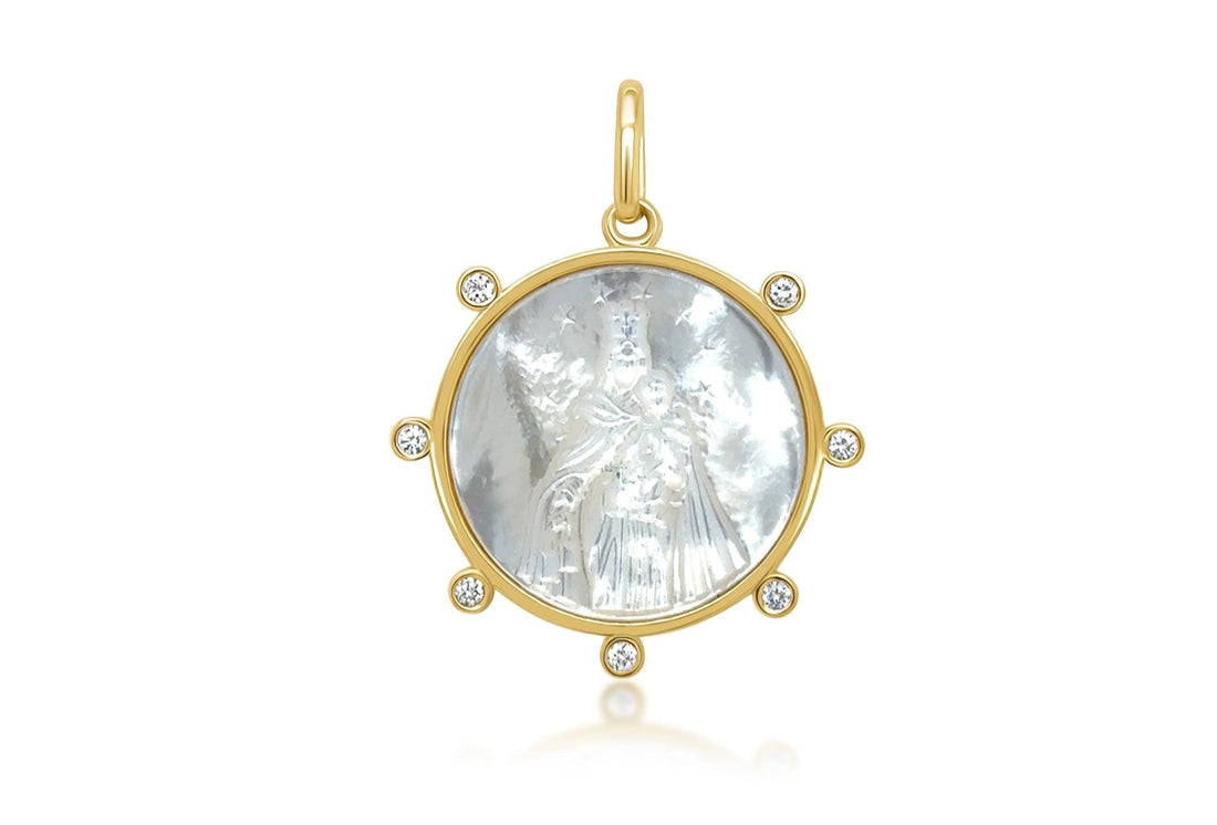 Mother of pearl and diamond medal necklace in 18k gold by Diamond Tales

