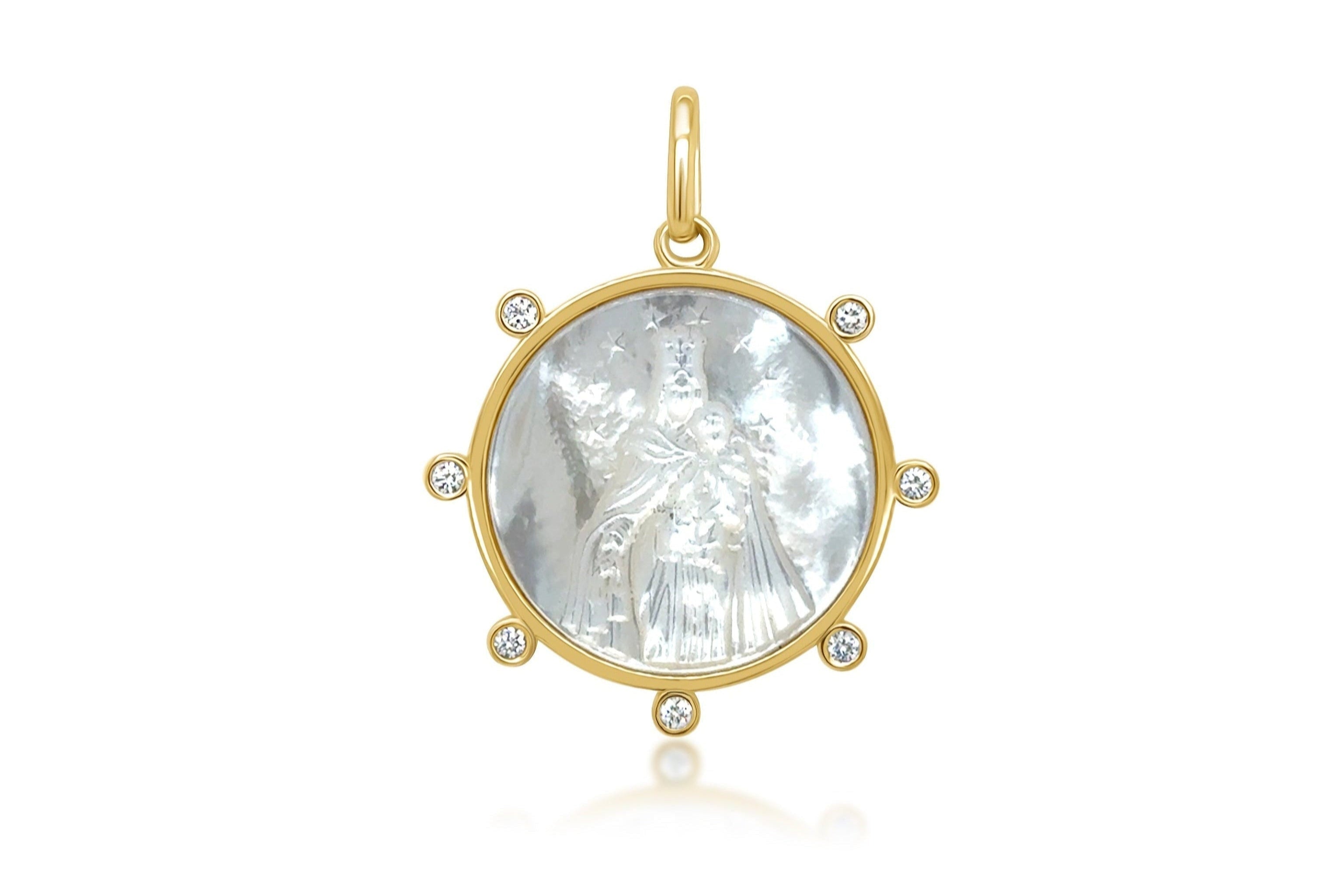 Mother of pearl and diamond medal necklace in 18k gold by Diamond Tales

