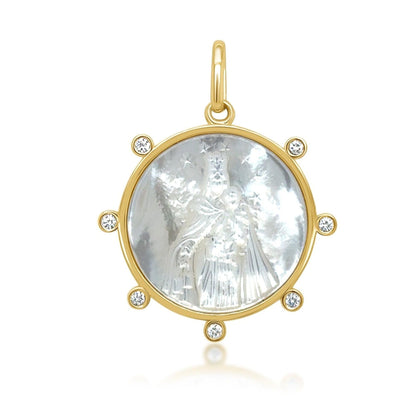 Mother of pearl and diamond medal necklace in 18k gold by Diamond Tales