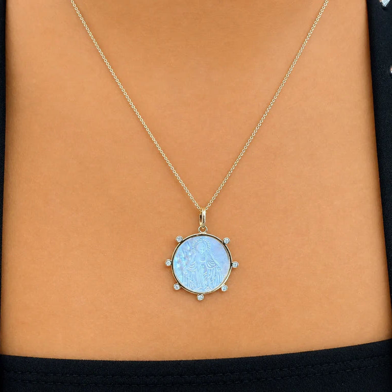 Mother of pearl and diamond medal necklace in 18k gold by Diamond Tales