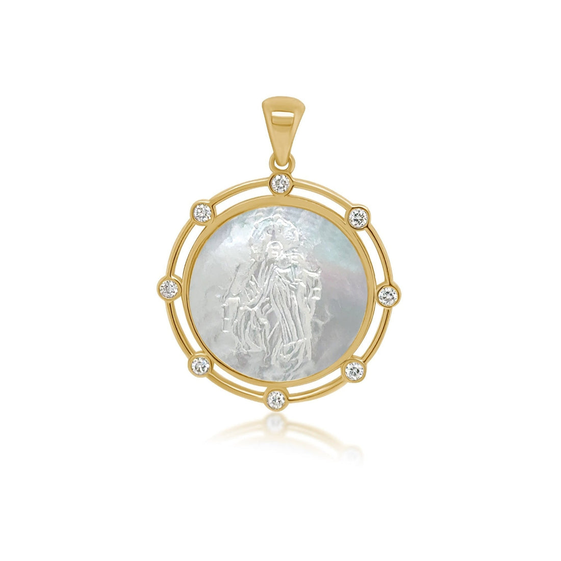 14k yellow gold medal pendant with mother of pearl and 0.14 ct diamonds
