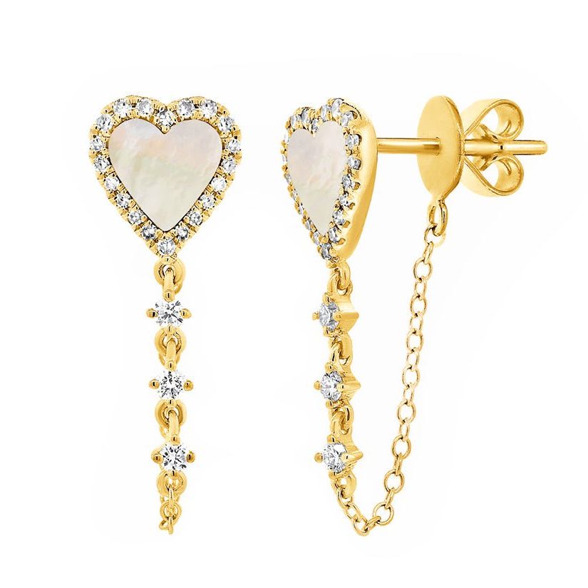 14k gold mother of pearl heart chain diamond earrings by Diamond Tales