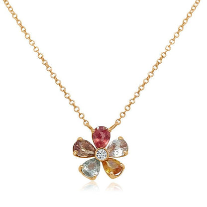 14k rose gold multicolor flower necklace with central diamond pendant