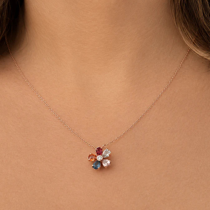 14k rose gold multicolor flower necklace with central diamond pendant