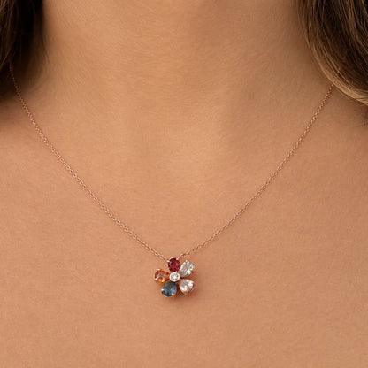 14k rose gold multicolor flower necklace with central diamond pendant