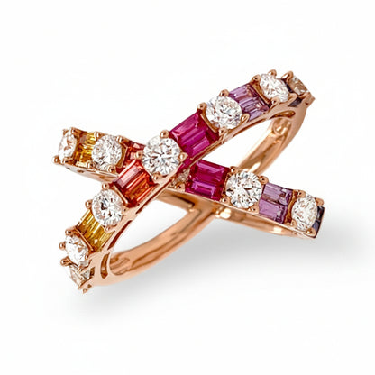 18k gold X ring with multicolor sapphires and diamonds