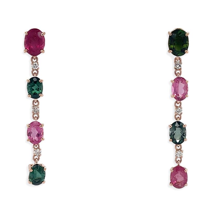 18k gold multicolor oval gemstone and diamond drop earrings by Diamond Tales