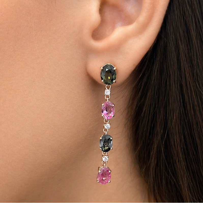 18k gold multicolor oval gemstone and diamond drop earrings by Diamond Tales