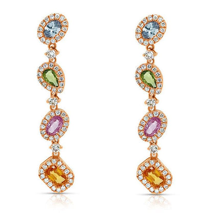 18k rose gold drop earrings with 8 mixed-cut multicolor sapphires totaling 2.78 carats and 120 brilliant-cut diamonds totaling 0.94 carats