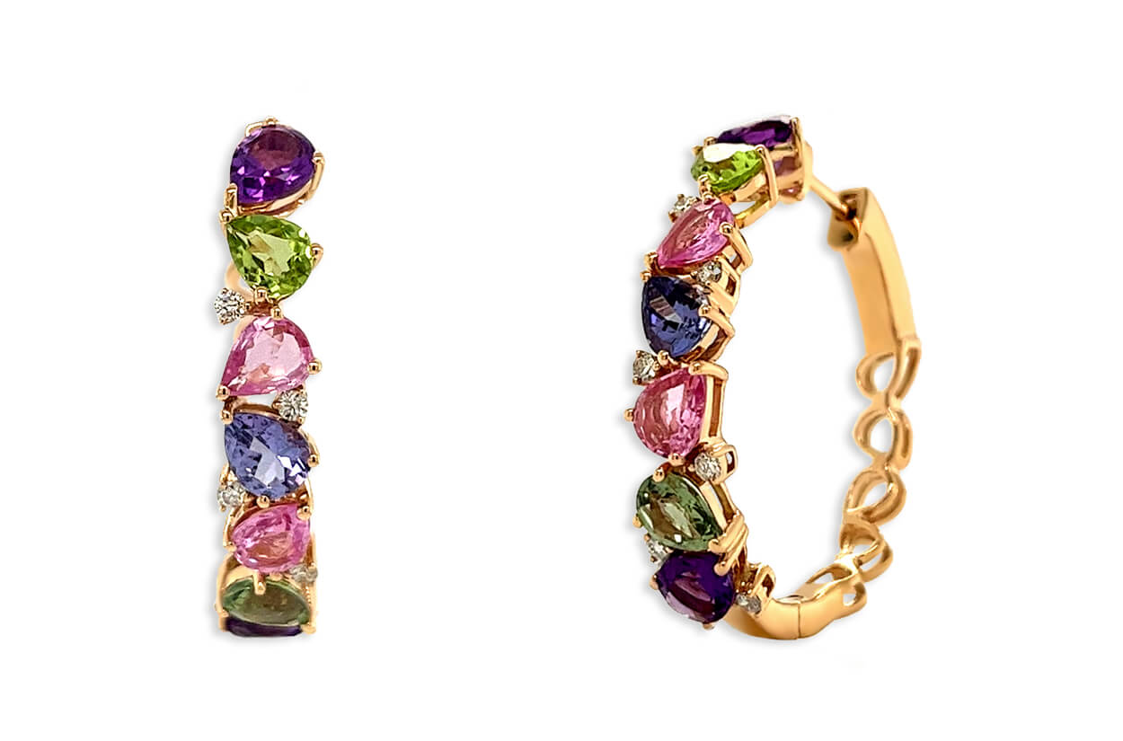 18k gold hoop earrings with multicolor pear sapphires and diamond accents