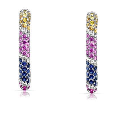 18k white gold hoop earrings with 1.66 cts multicolor round sapphires and 18 round brilliant diamonds totaling 0.29 cts