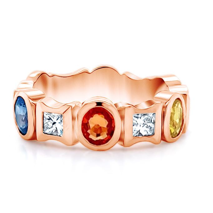 18k rose gold ring with multicolor sapphires and round diamonds by Diamond Tales