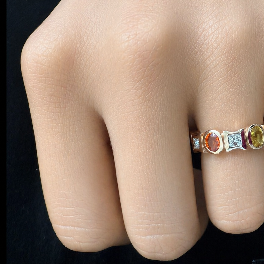 18k rose gold ring with multicolor sapphires and round diamonds by Diamond Tales