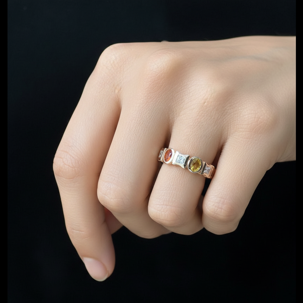 18k rose gold ring with multicolor sapphires and round diamonds by Diamond Tales