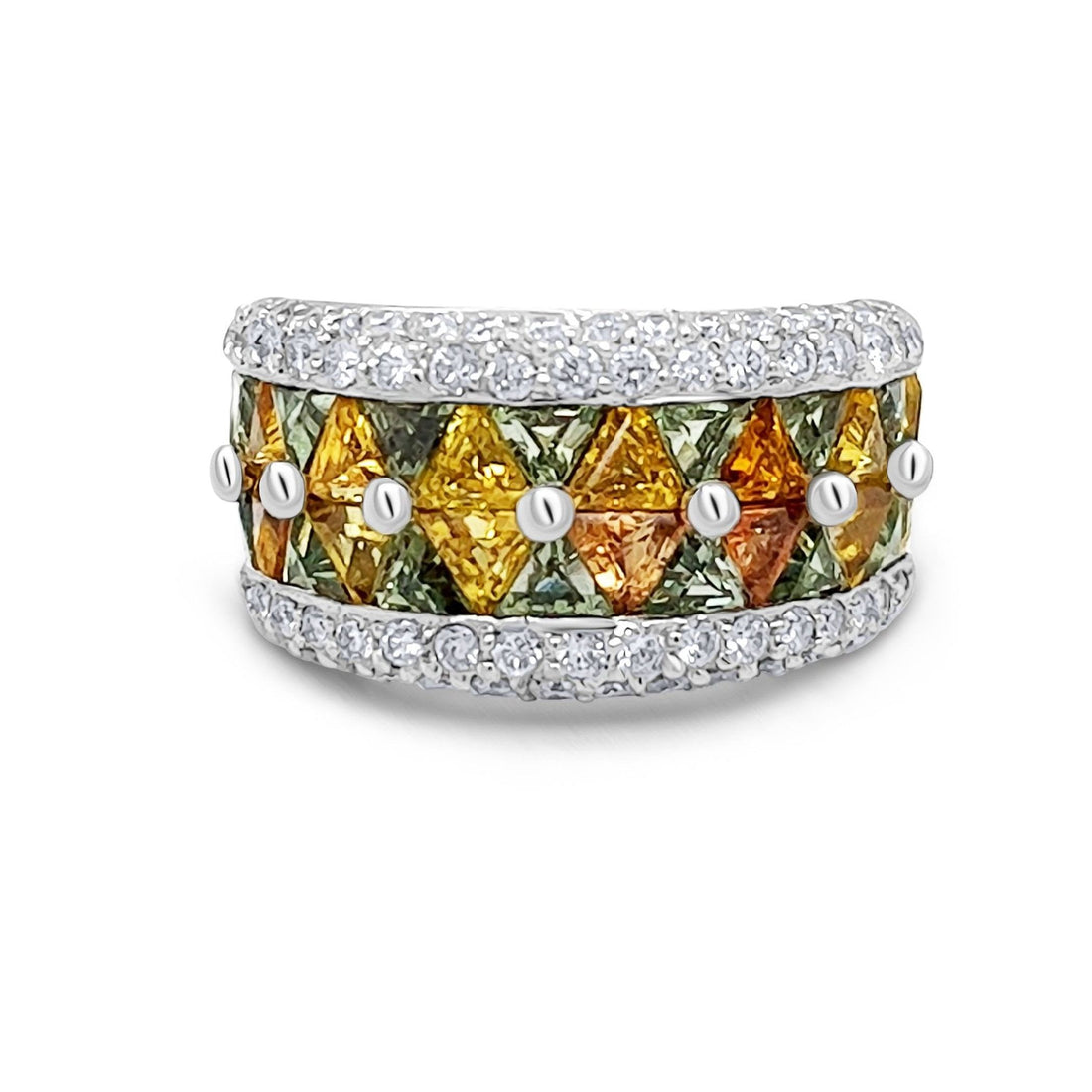 18k white gold ring with multicolor sapphires and round diamonds by Diamond Tales