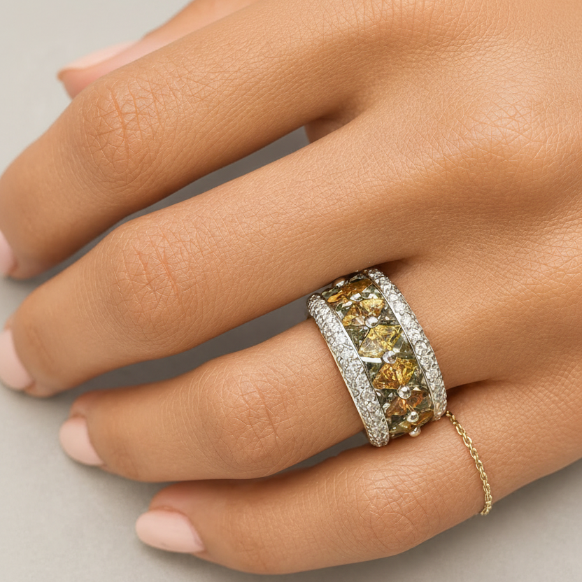 18k white gold ring with multicolor sapphires and round diamonds by Diamond Tales