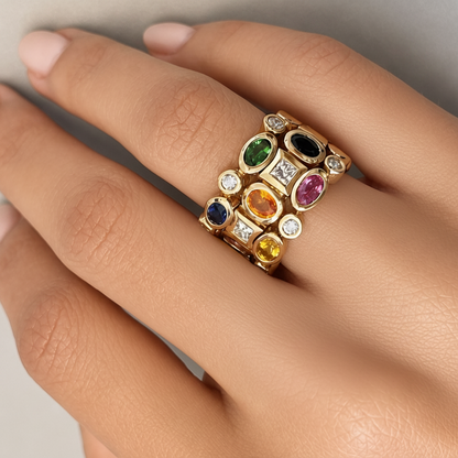 18k yellow gold ring with multicolor sapphires and round diamonds by Diamond Tales