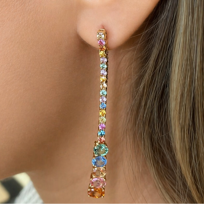 18k yellow gold multicolor sapphire line earrings with diamond accents by Diamond Tales