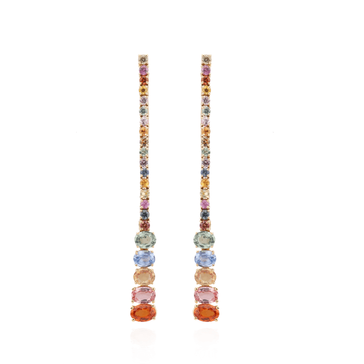 18k yellow gold multicolor sapphire line earrings with diamond accents by Diamond Tales