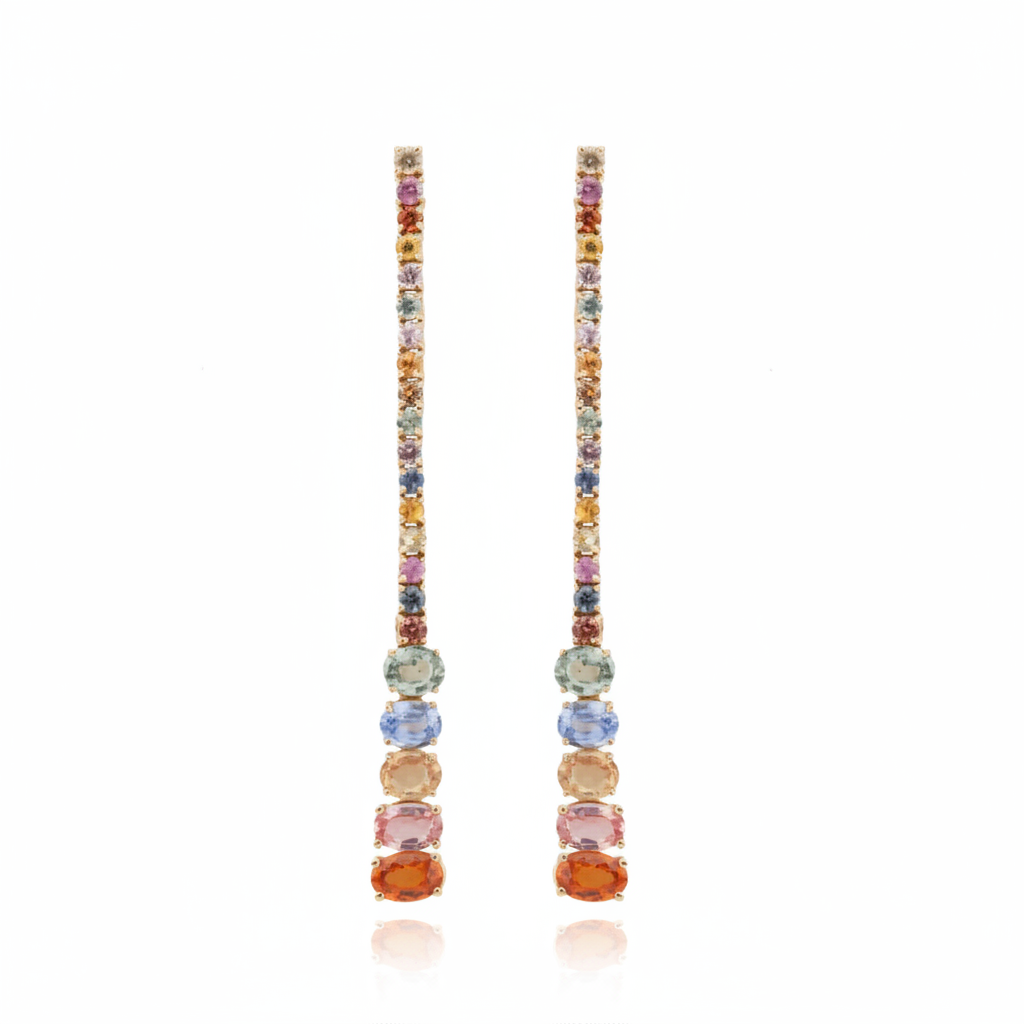 18k yellow gold multicolor sapphire line earrings with diamond accents by Diamond Tales