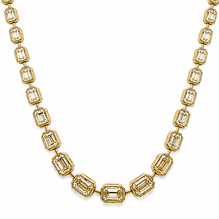 18k gold tennis necklace with 64 emerald-cut Fancy Yellow diamonds, full view