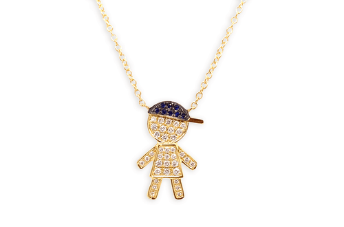 Necklace 18kt Gold Boy with Sapphire Hat & Diamonds - Diamond Tales Fine Jewelry