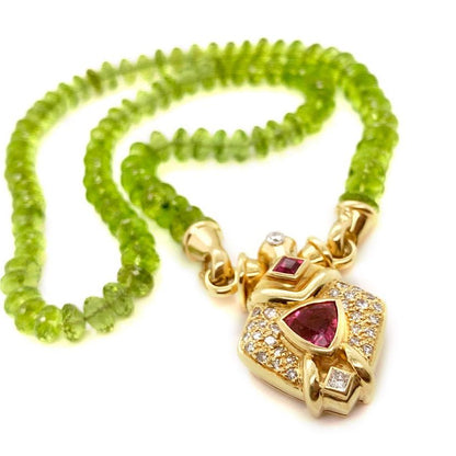 18k gold drop necklace with peridot and mint tourmaline gemstones