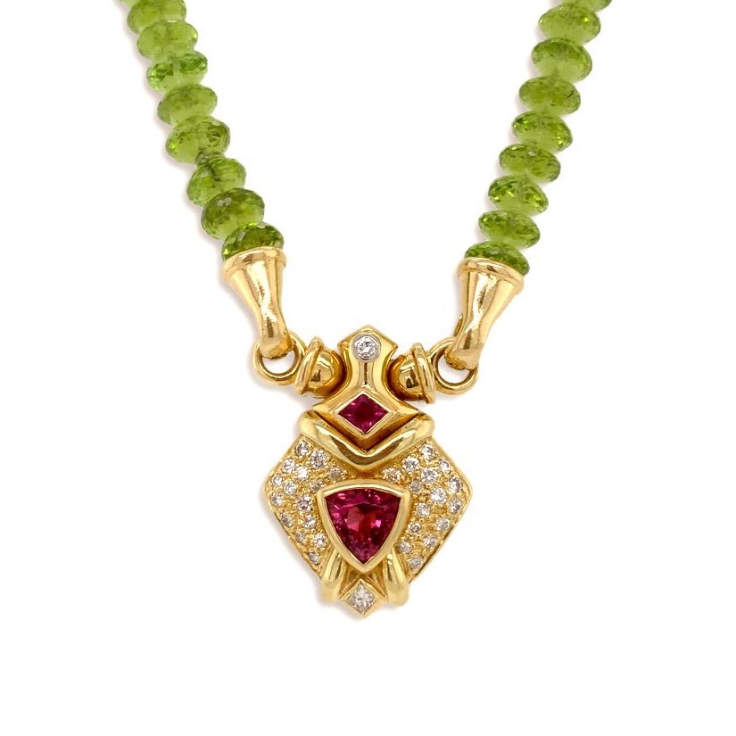 18k gold drop necklace with peridot and mint tourmaline gemstones