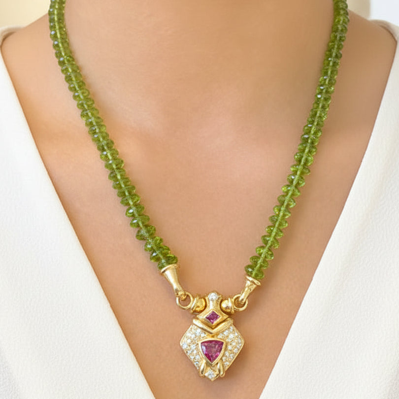 18k gold drop necklace with peridot and mint tourmaline gemstones