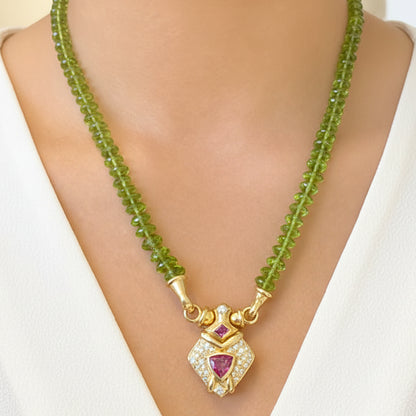 18k gold drop necklace with peridot and mint tourmaline gemstones
