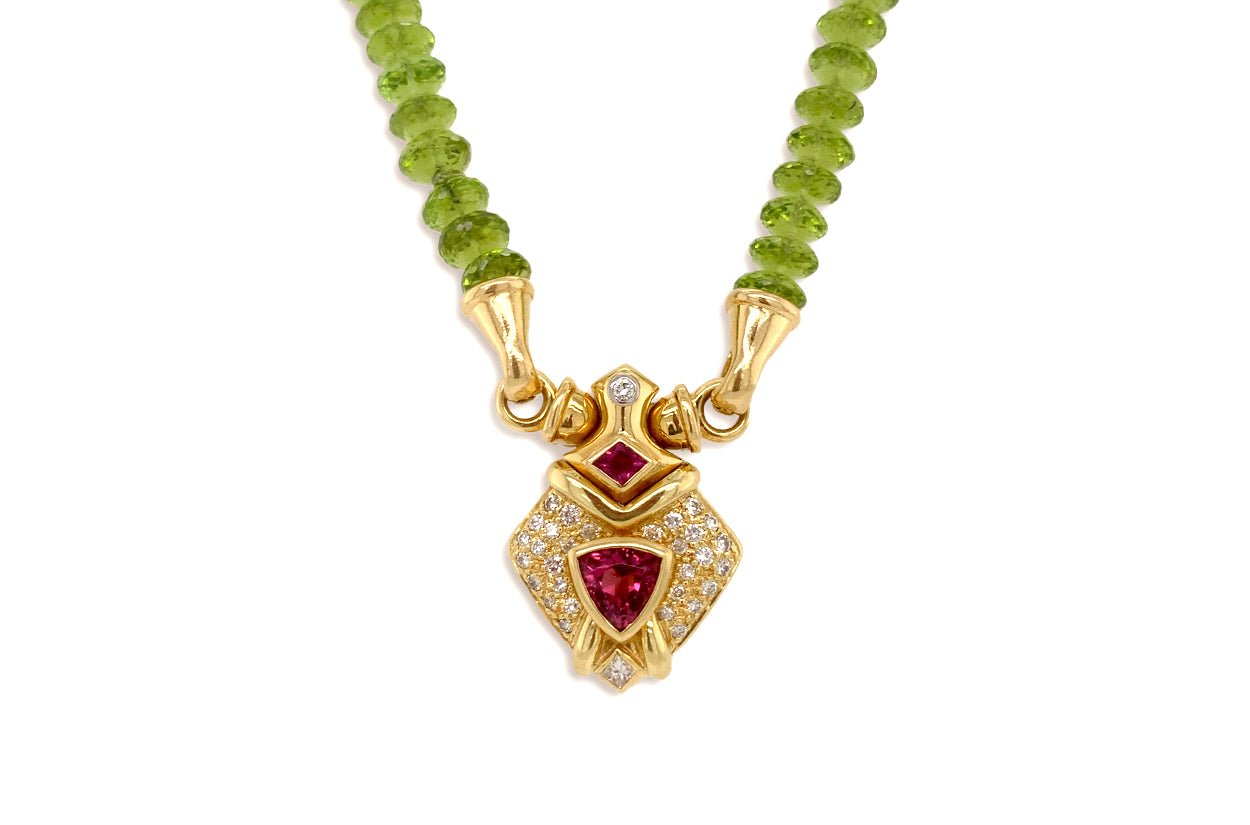 18k gold drop necklace with peridot and mint tourmaline gemstones