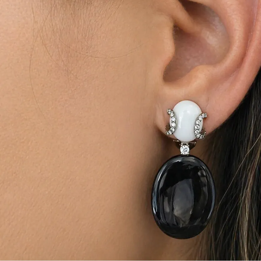 18k gold drop earrings with onyx, white agate, and diamond accents