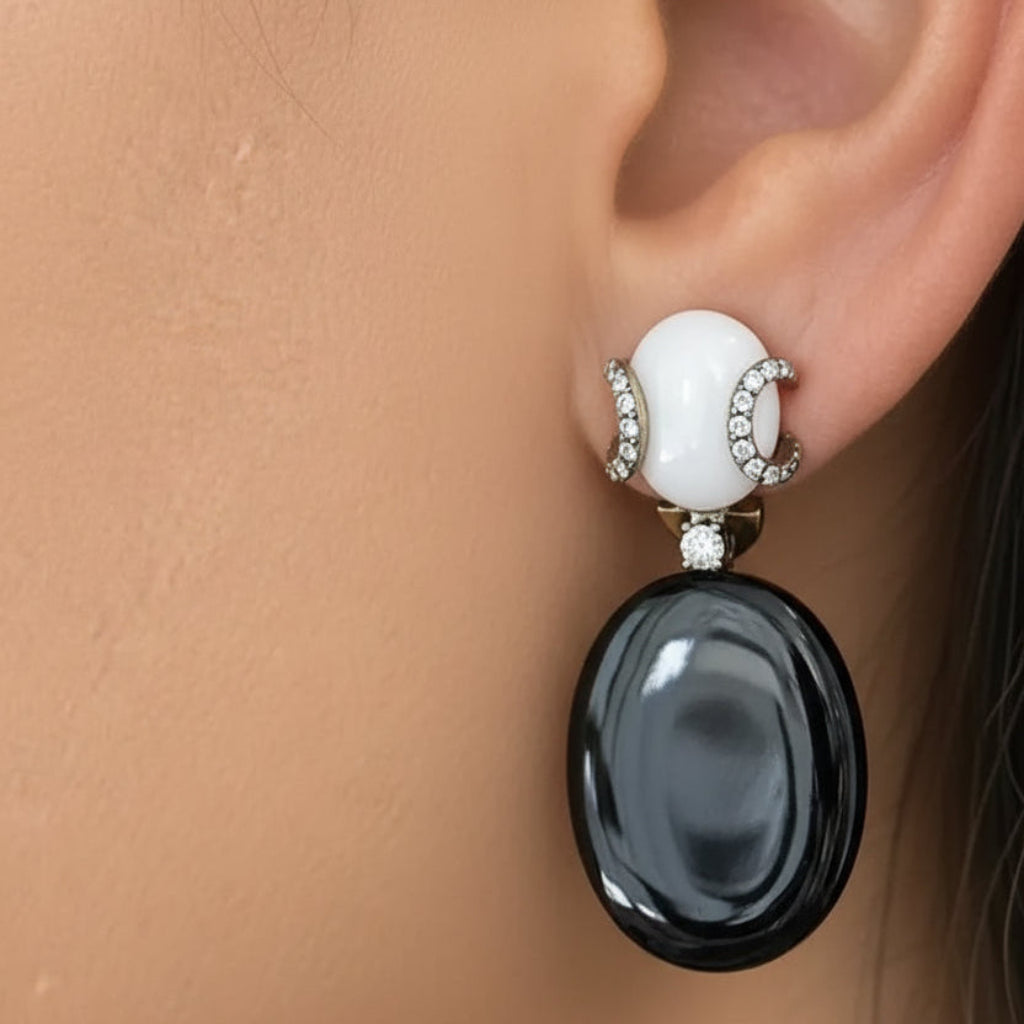 18k gold drop earrings with onyx, white agate, and diamond accents