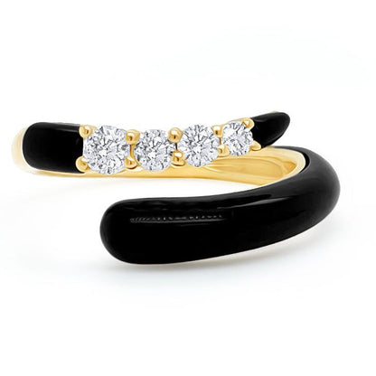 18k yellow gold open ring with black agate ends and four brilliant-cut diamonds totaling 0.32 carats