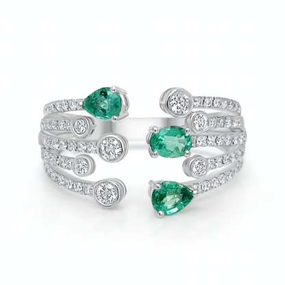 Open ring with pear emeralds and diamonds in 18k gold – Diamond Tales