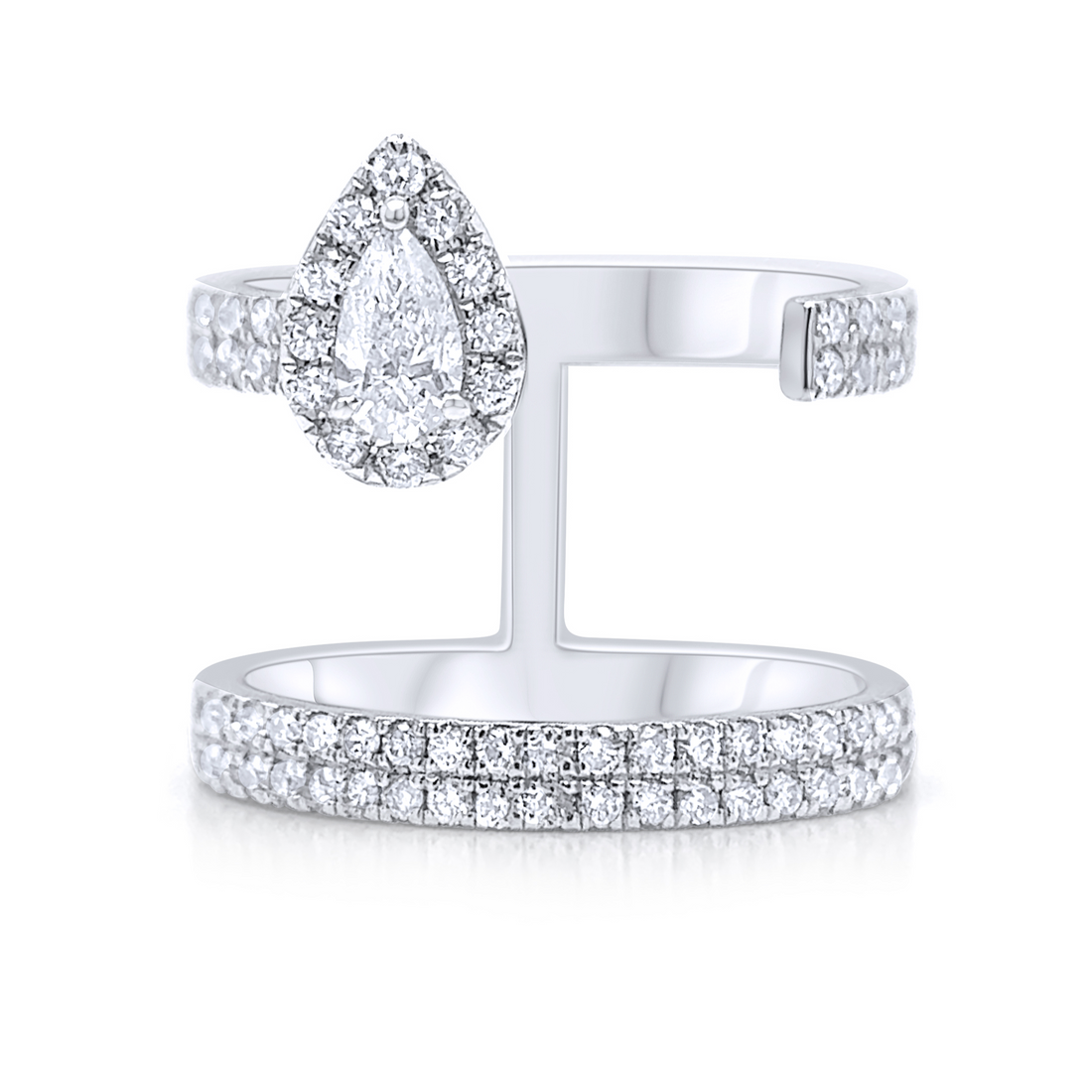 18k gold open ring with pear-shaped and round diamonds by Diamond Tales