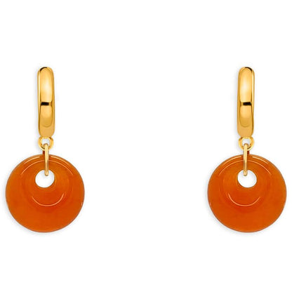 14k yellow gold huggie earrings with detachable orange chalcedony drop stones
