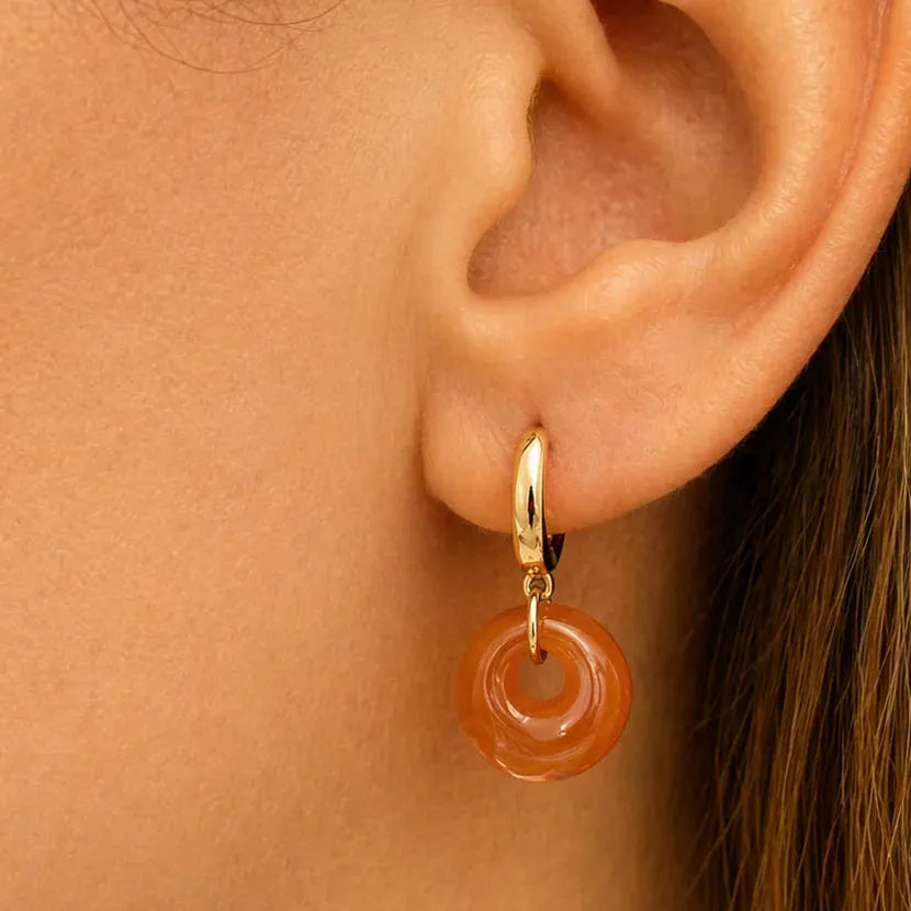 14k yellow gold huggie earrings with detachable orange chalcedony drop stones