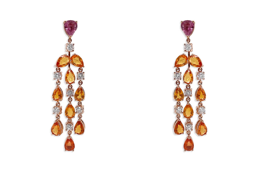 18k gold chandelier earrings with pear-shaped orange sapphires and diamond accents