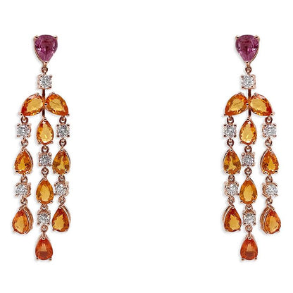 18k gold chandelier earrings with pear-shaped orange sapphires and diamond accents
