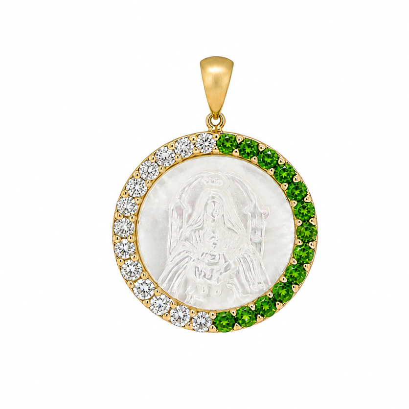14k gold Our Lady of Coromoto medal with mother of pearl, diamonds and tsavorites