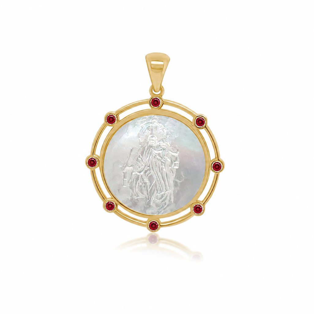 14k gold Our Lady of Mount Carmel medal with mother of pearl and rubies