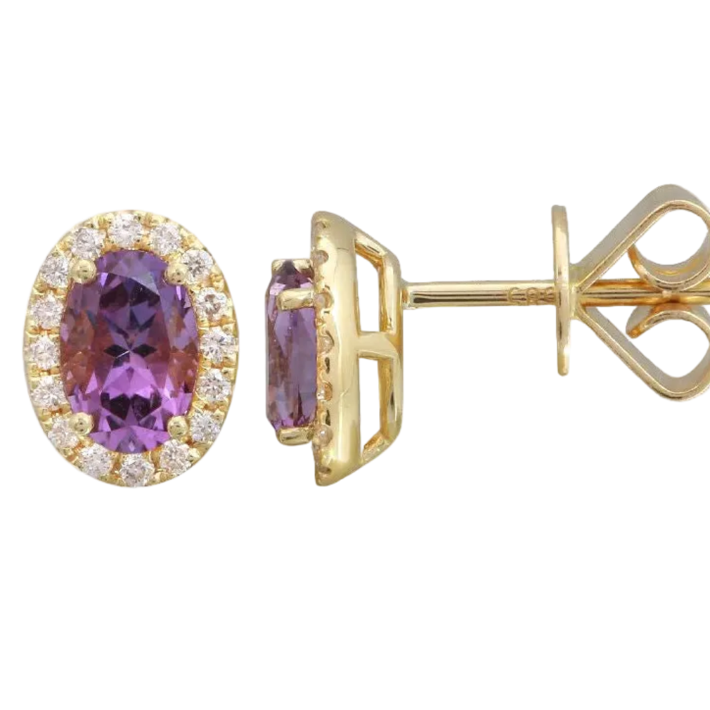 oval amethyst and diamond halo stud earrings in 14k gold