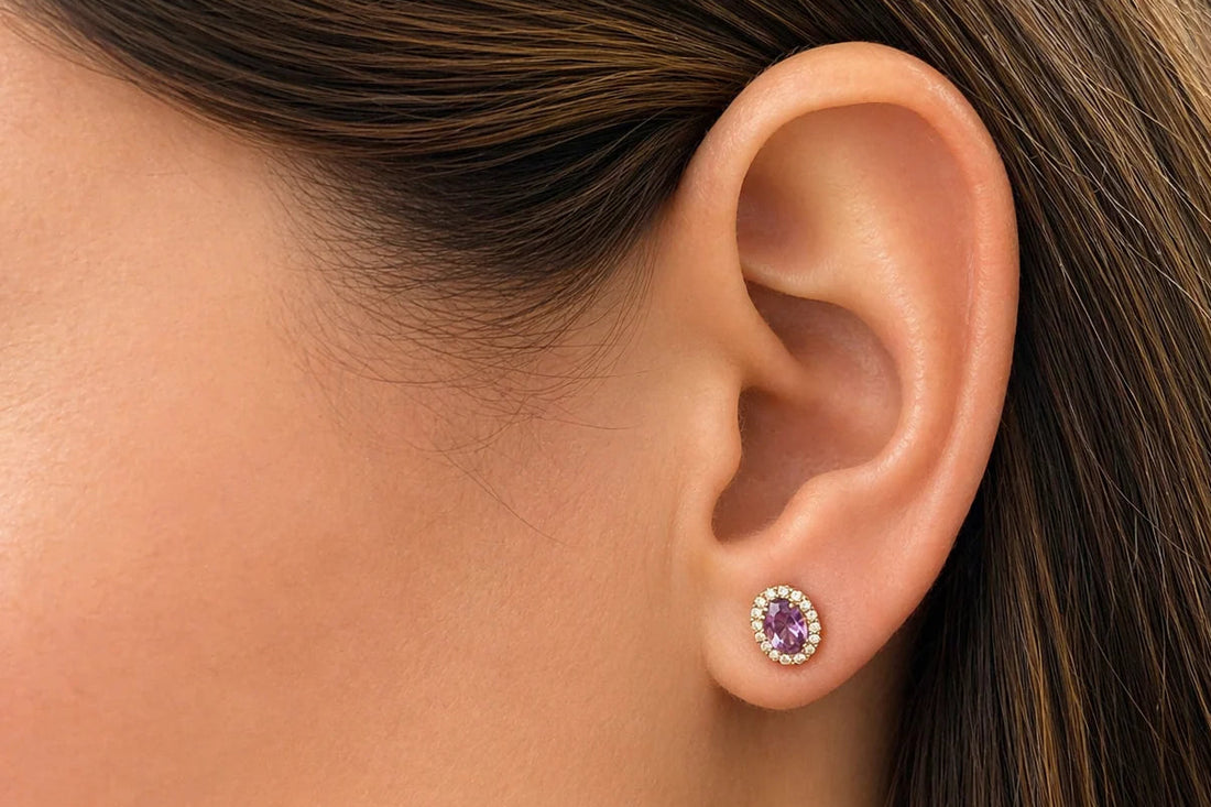 oval amethyst and diamond halo stud earrings in 14k gold
